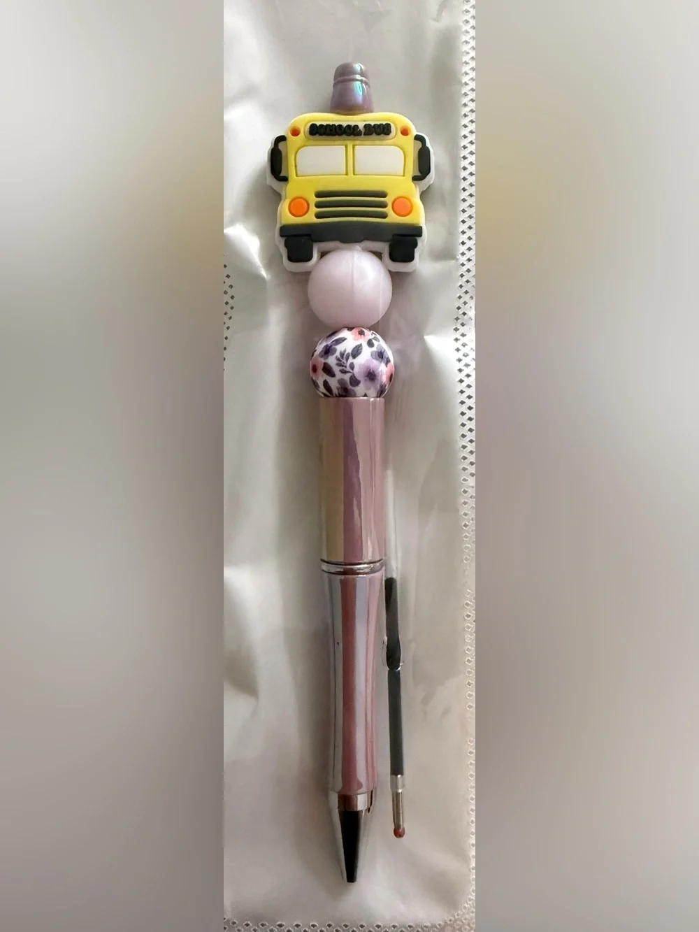 Kids Yellow School Bus Silicone Top Pen with Pink Accents